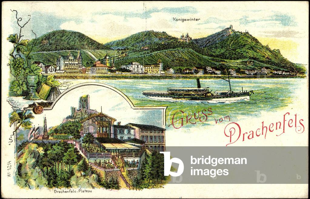 Litho Drachenfels Königswinter, steamer, plateau and wine