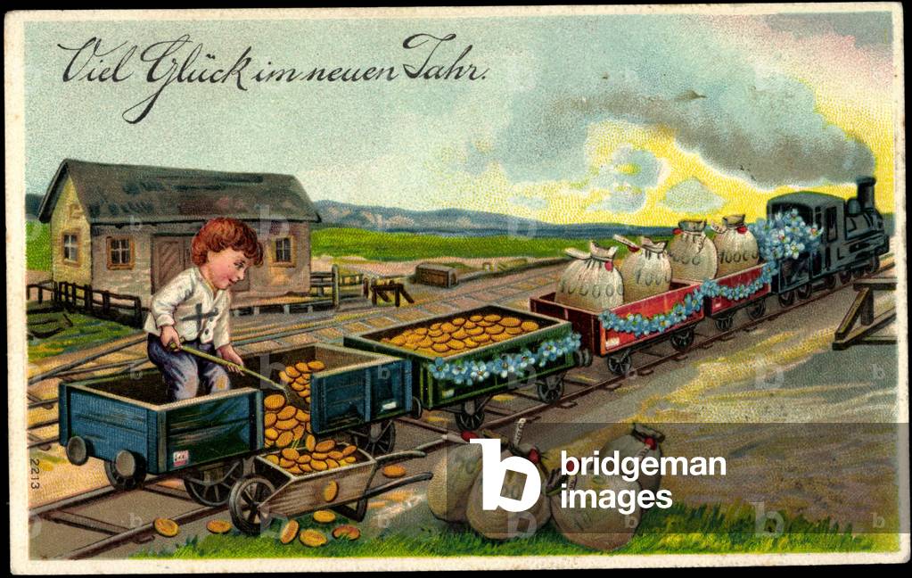 Embossing Litho Happy New Year, Steam Engine, Money Bags, Boy