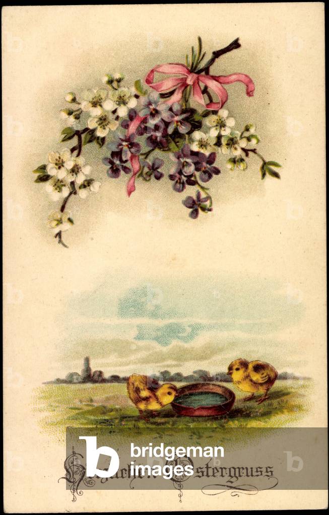 Artist Litho Happy Easter, Chick, Flowers