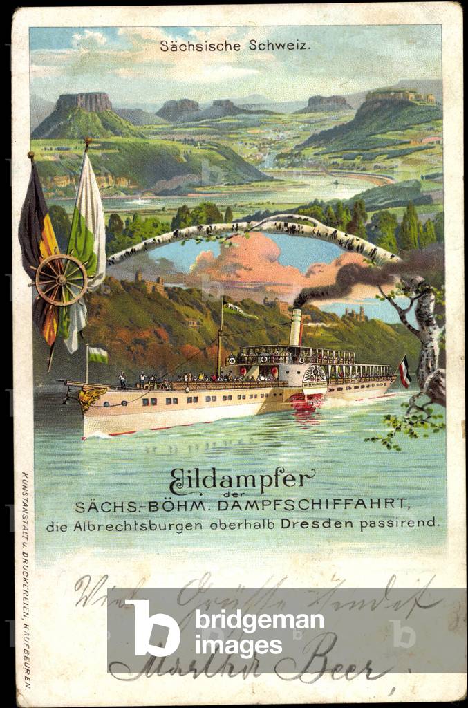 Litho hail steamer, Saxons. Böhm. Steam shipping, Elbe