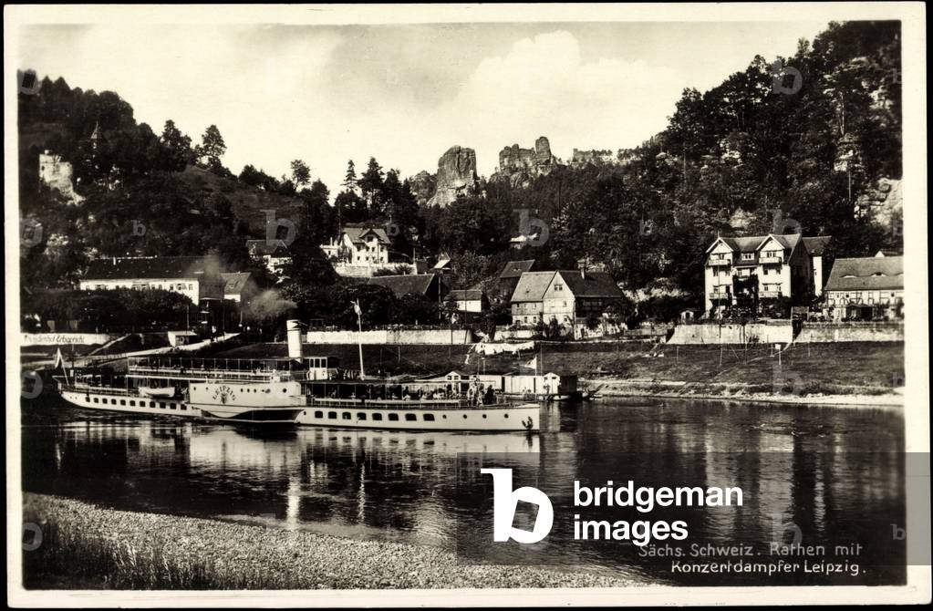 Rathen, Elbe, barge Leipzig, steamer, town