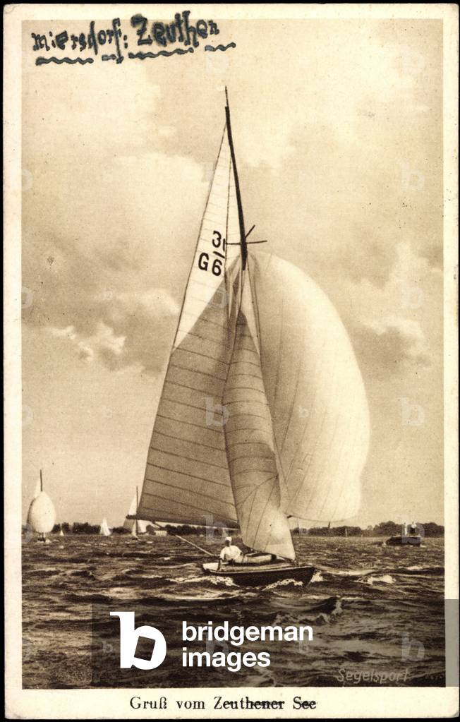 Zeuthen, sailing boat in the wind on Lake Zeuthener