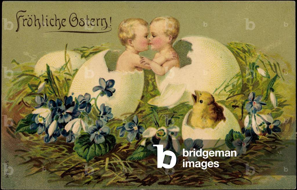Embossing Litho Congratulations Easter, children hatch from egg