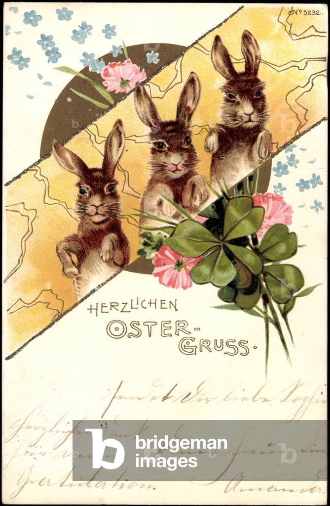 Litho Congratulations Easter Bunny with Clover Leaves