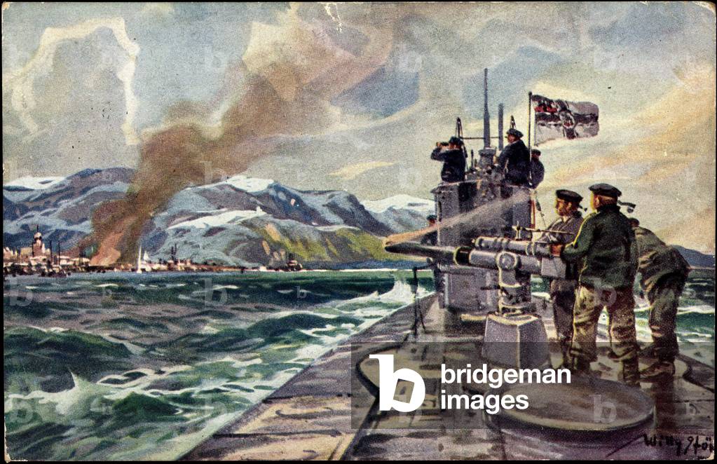 Artist Stöwer, W., U Boat, shelling, Alexandrovsk