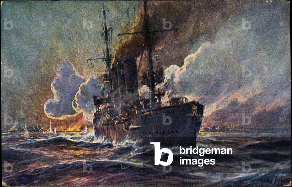 Artist Stöwer W., shelling Madras by Emden