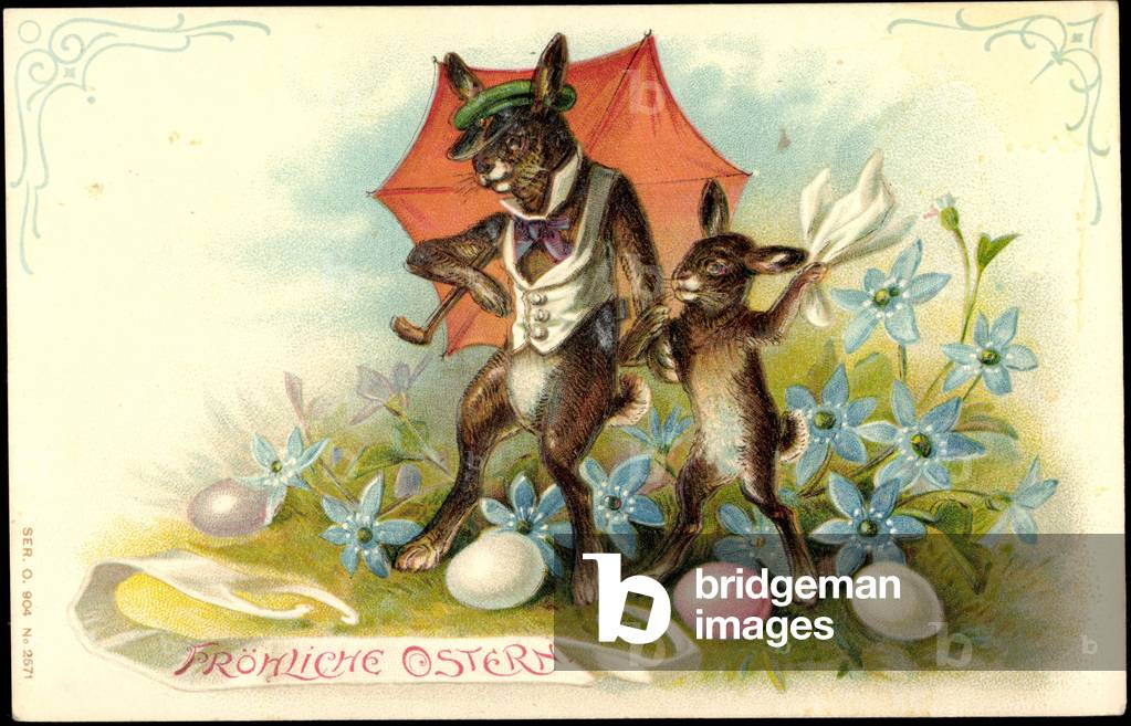 Embossing Litho Happy Easter, Easter Bunny, Eggs, Umbrella, Flowers