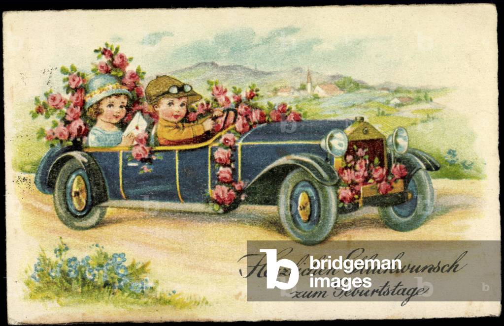 Congratulations birthday, automobile, flowers, kitsch