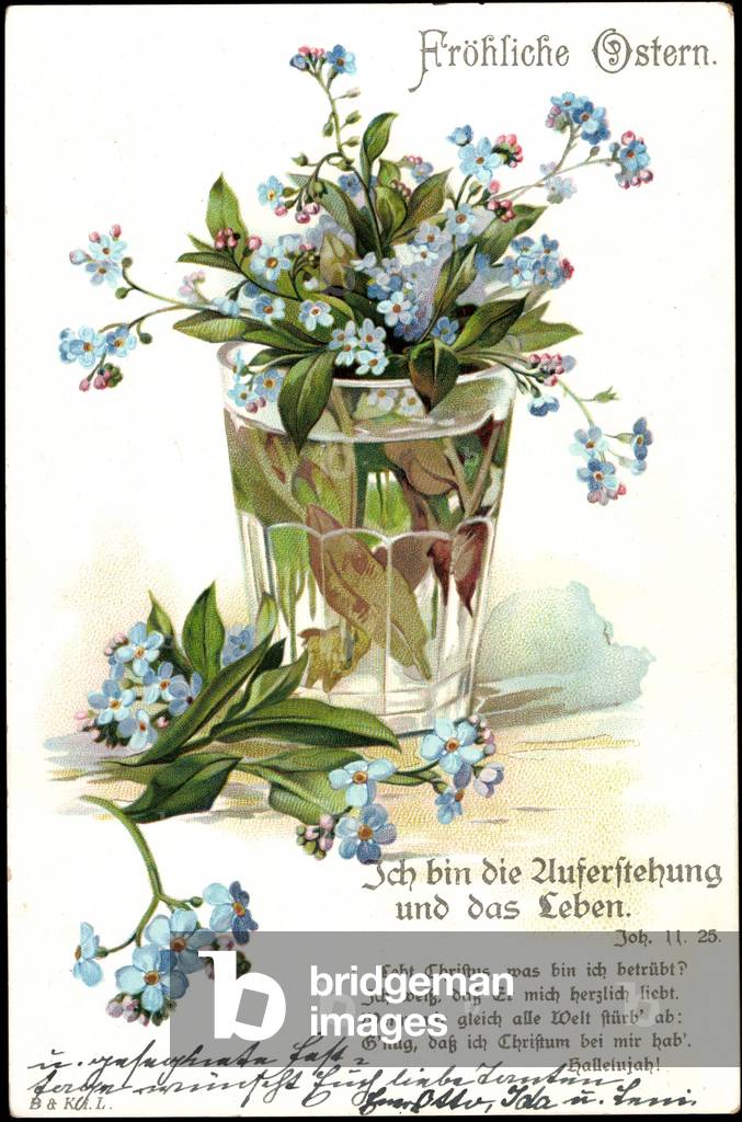Happy Easter, forget-me-not, water glass