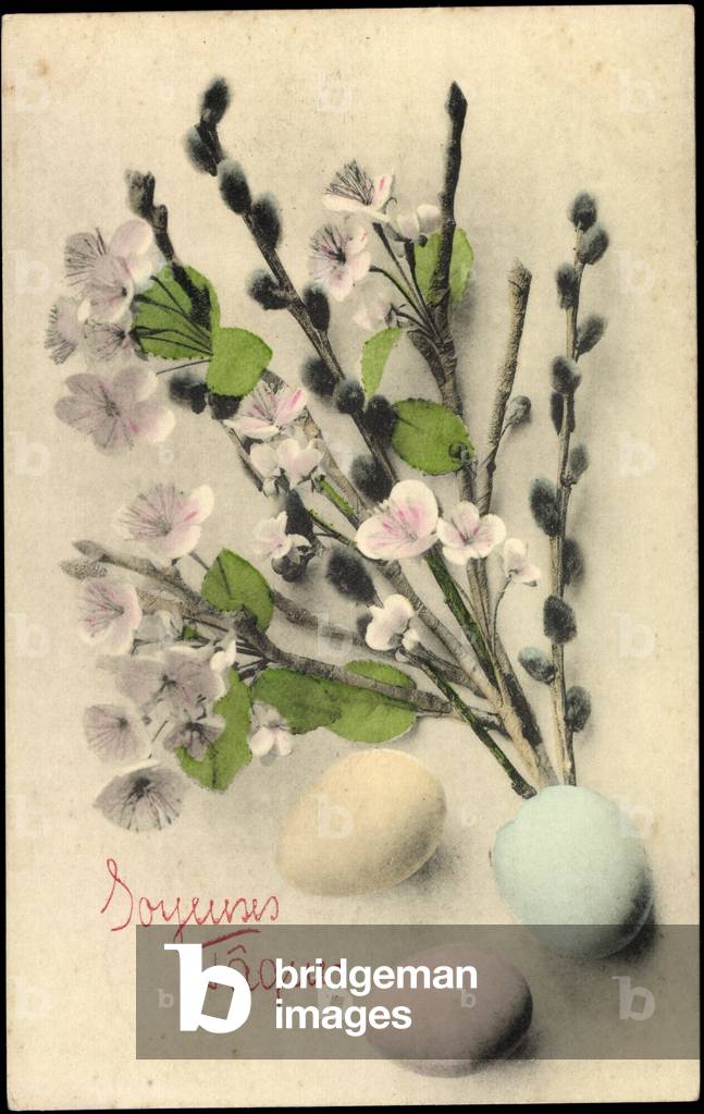 Happy Easter, willow bib, Easter eggs, flowers