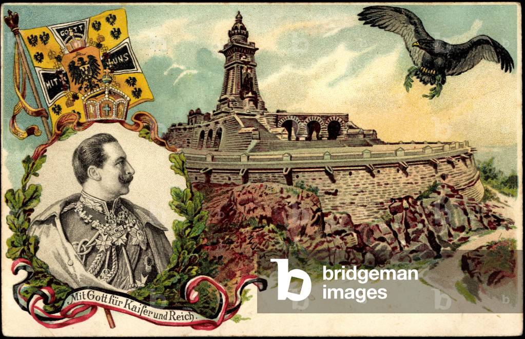 Litho Kaiser Wilhelm II, Emperor's Flag, Eagle, Monument