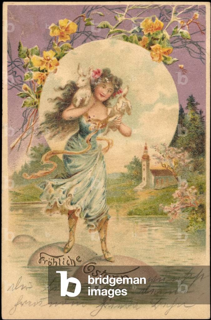 Embossing congratulations Easter, woman wears rabbits over sea