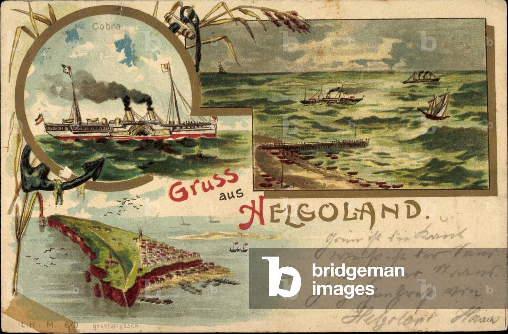 Litho Helgoland, steamer Cobra, island outline, sailboats