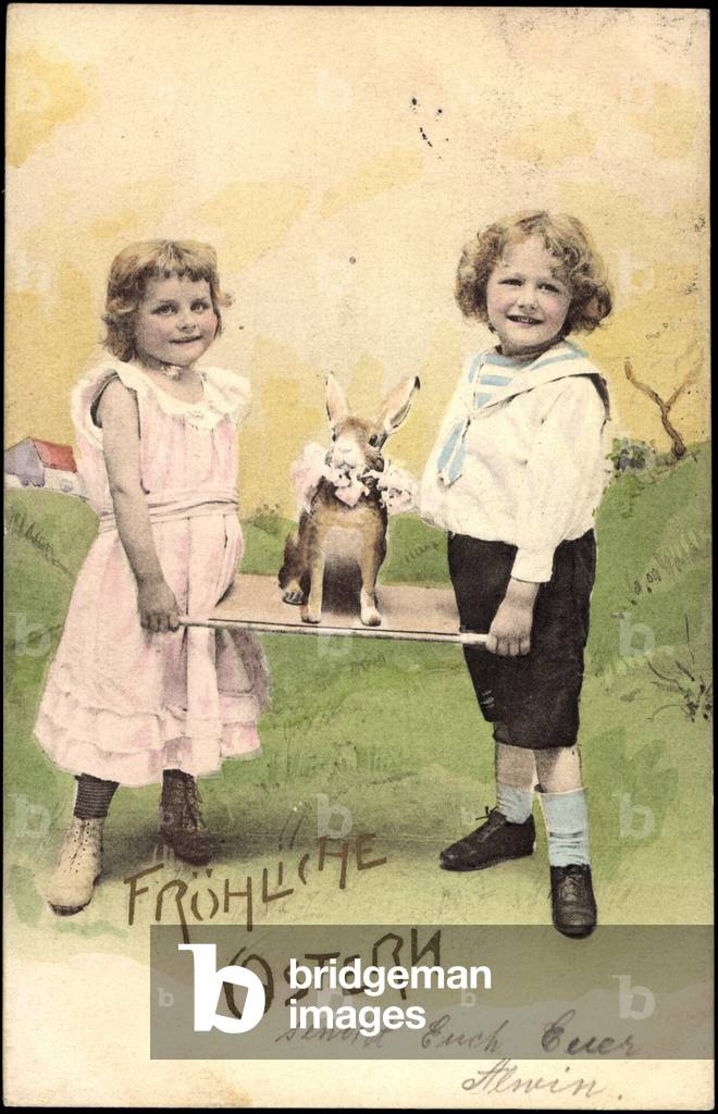 Congratulations Easter, children wear Easter bunnies