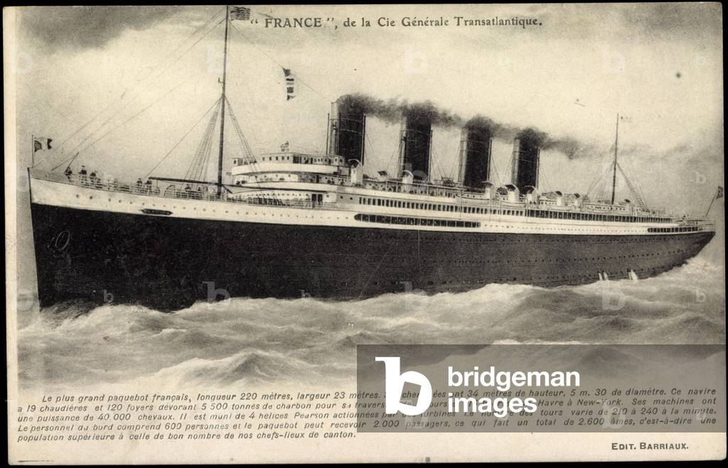 Steam ship France of the CGT line in motion, sea