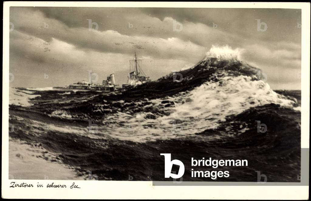 View of a German destroyer in heavy seas