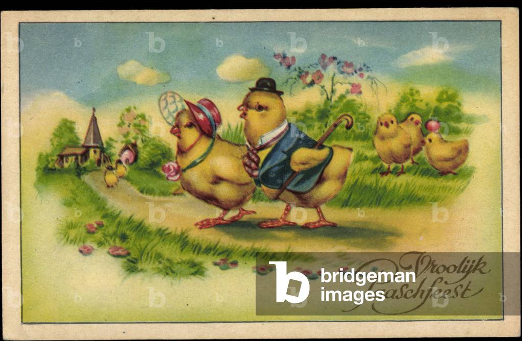 Happy Easter, chicks in human clothes, melon hat