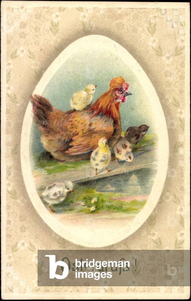 Embossing congratulations Easter, hen with her chicks