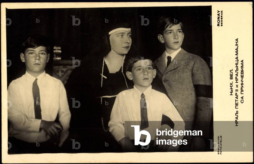 Ak Maria von Rumania, Peter II, Andreas und Tomislaw (b/w photo)