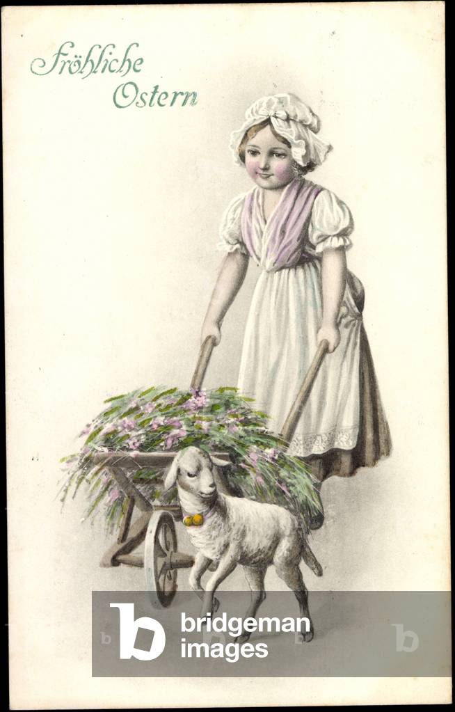 Happy Easter, girl with cart, lamb, flowers