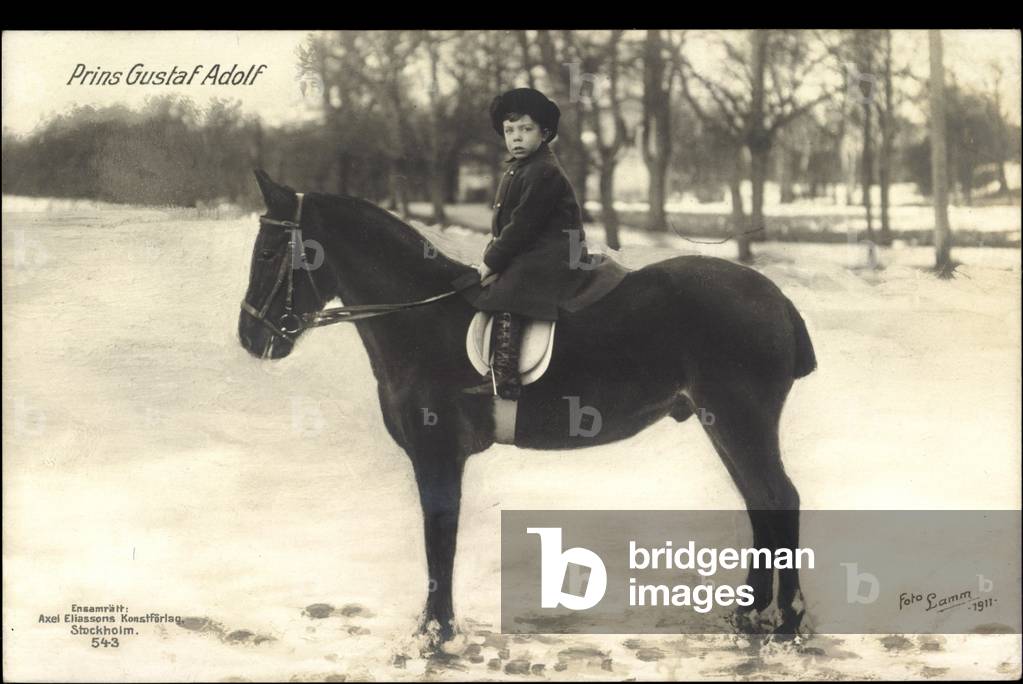 Prince Gustav Adolf of Sweden on horseback, winter