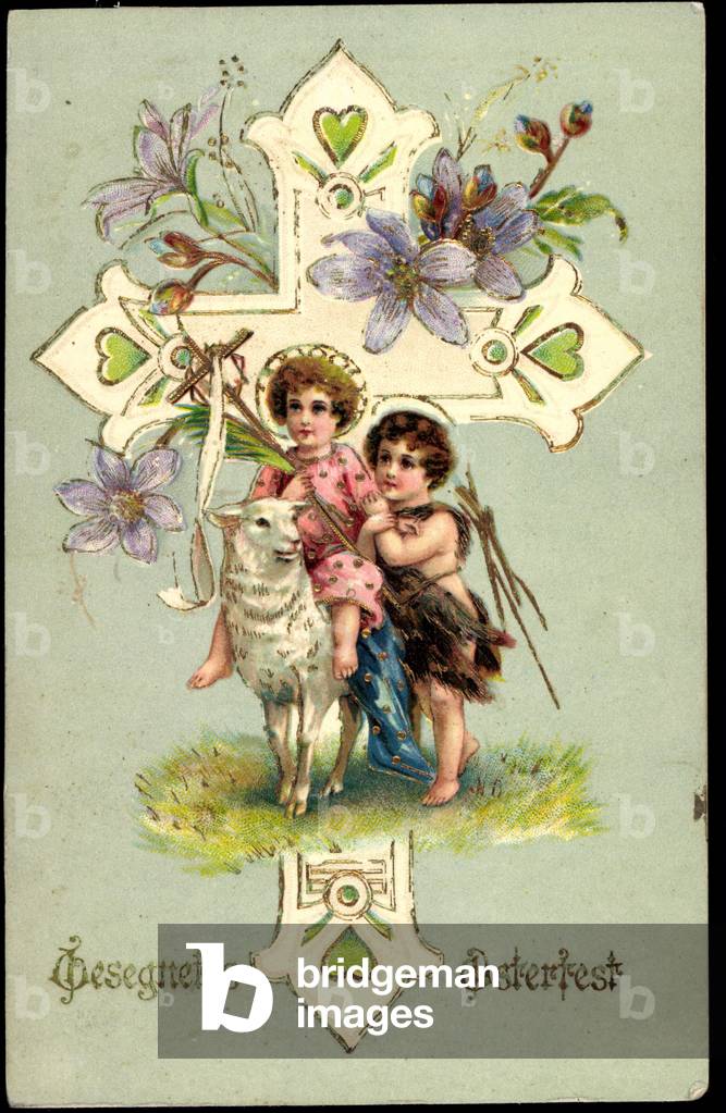 Embossing Happy Easter, Children Riding on Lamb, Holy