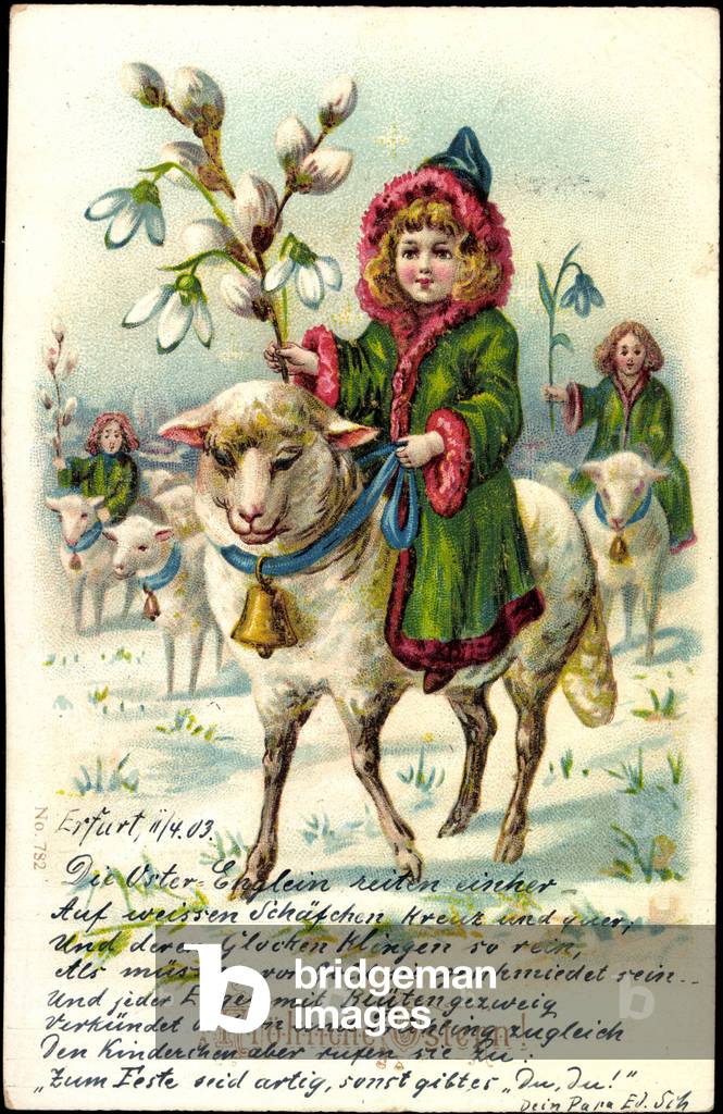 Congratulations Easter, girl rides on a sheep
