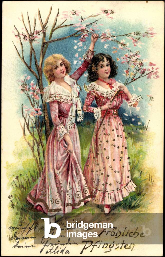 Embossing Litho Congratulations Pentecost, Women with Flowers