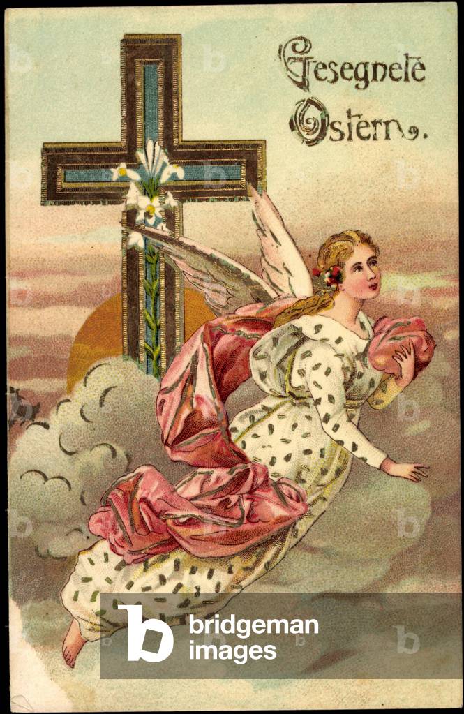 Embossing Litho Congratulations Easter, Angel Flying, Cross