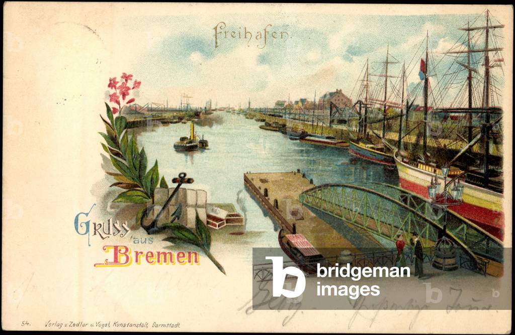 Litho Bremen, free port, landing ships, jetty