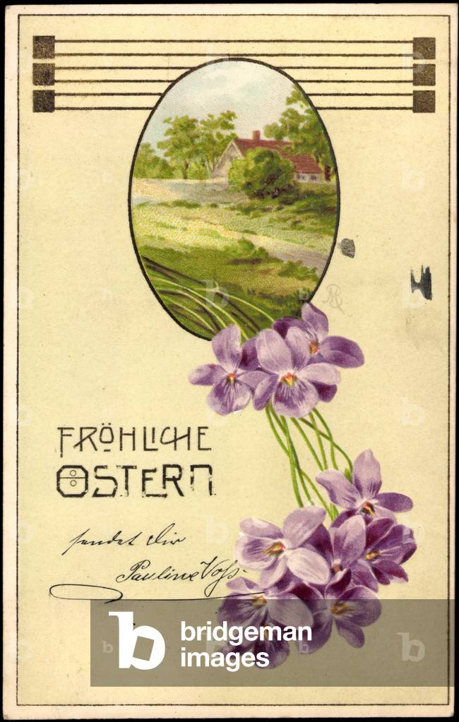 Embossing Litho Congratulations Easter, House, Trees, Violets