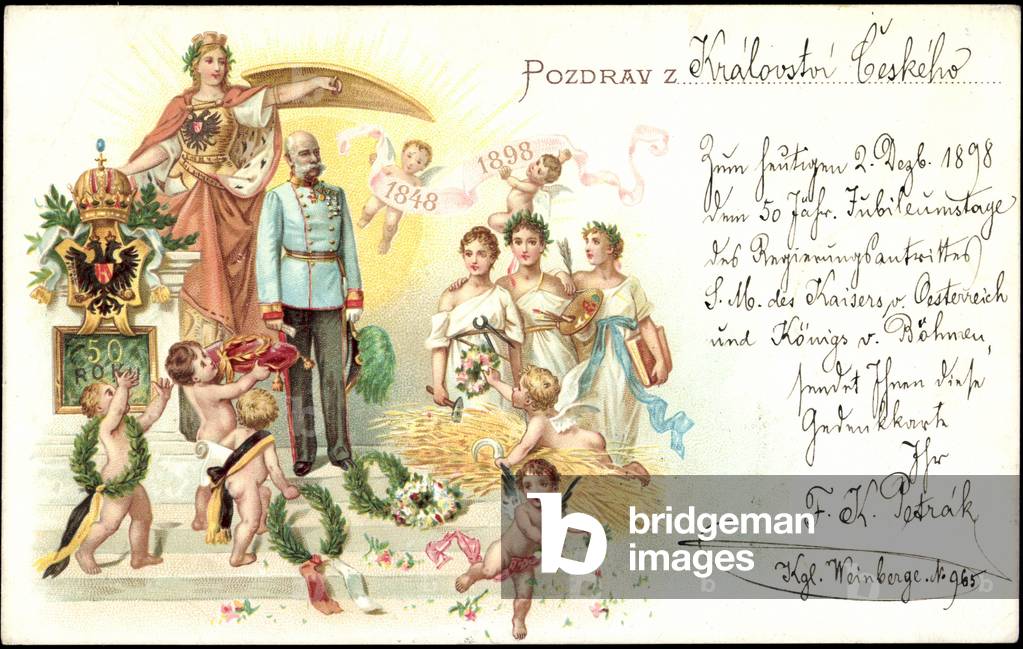 Litho Emperor Franz Josef, Angel, Homage, Pozdrav
