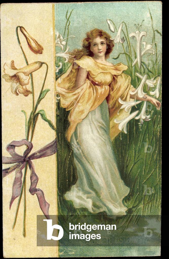 Litho Happy Easter, Woman in the Flower Field, Bell Flowers