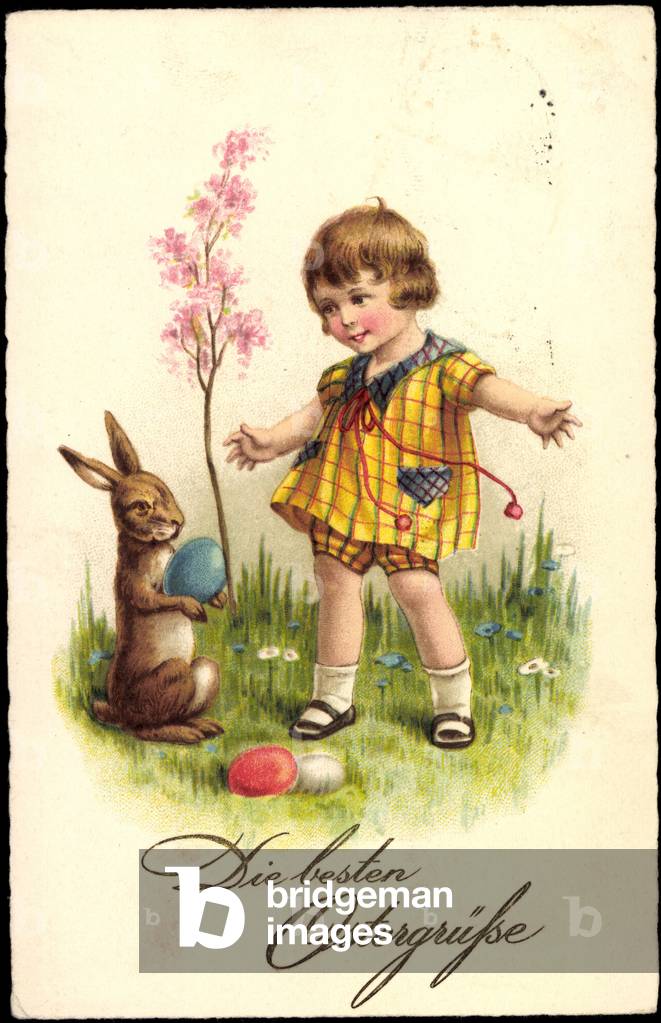 Embossing Litho Congratulations Easter, Child with Rabbit and Eggs