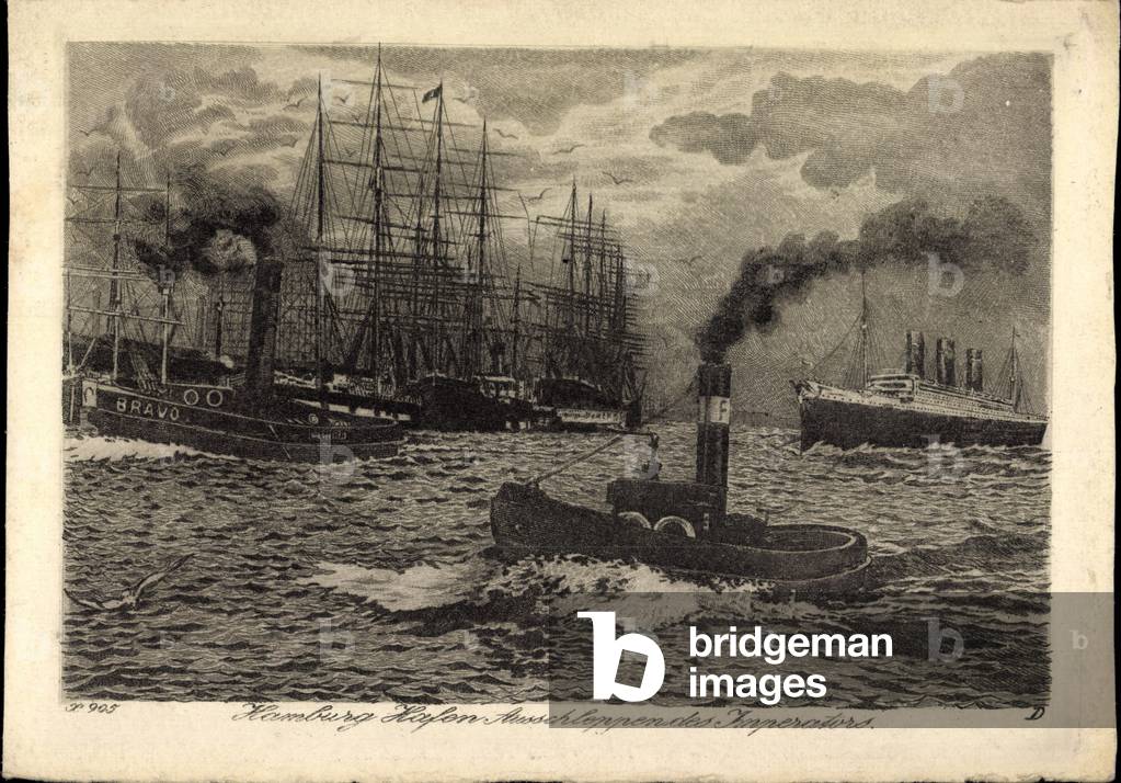 Artist Hamburg, Steamer Emperor, HAPAG, Tug
