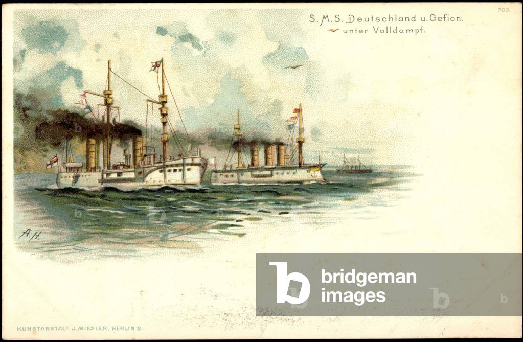 Artist Litho S.M.S. Germany and Gefion, full steam