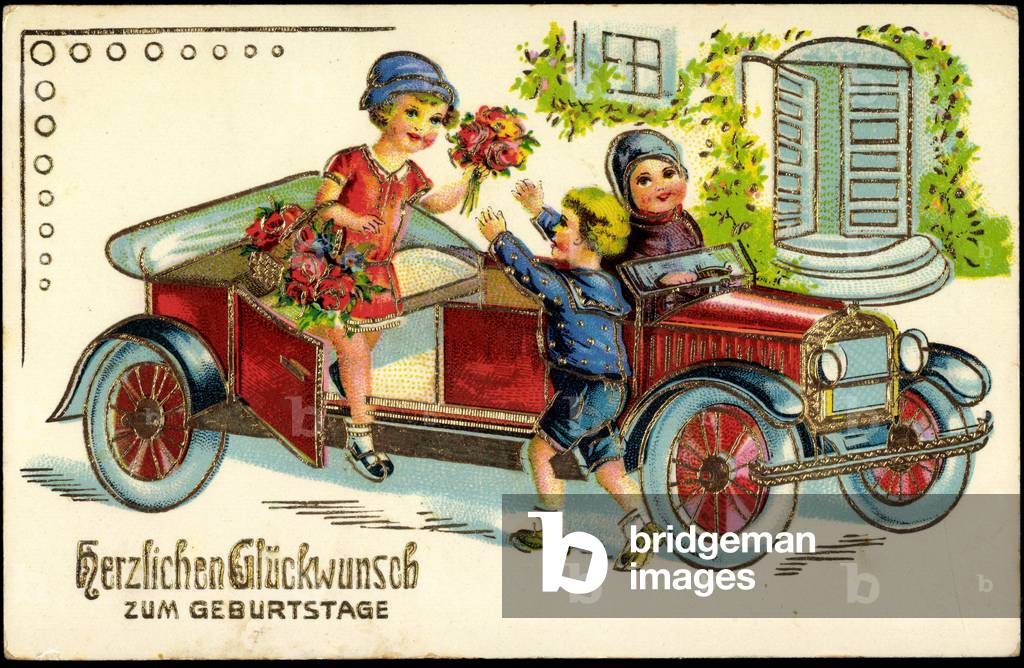 Embossing congratulations birthday, car, child, flowers