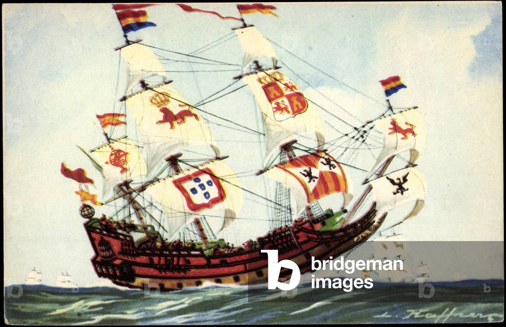 Artist Haffner, L., sailing ship, flags, Galion