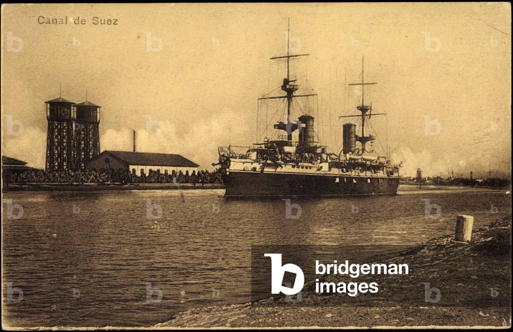 Suez canal, waterfront fortification, ship, water towers
