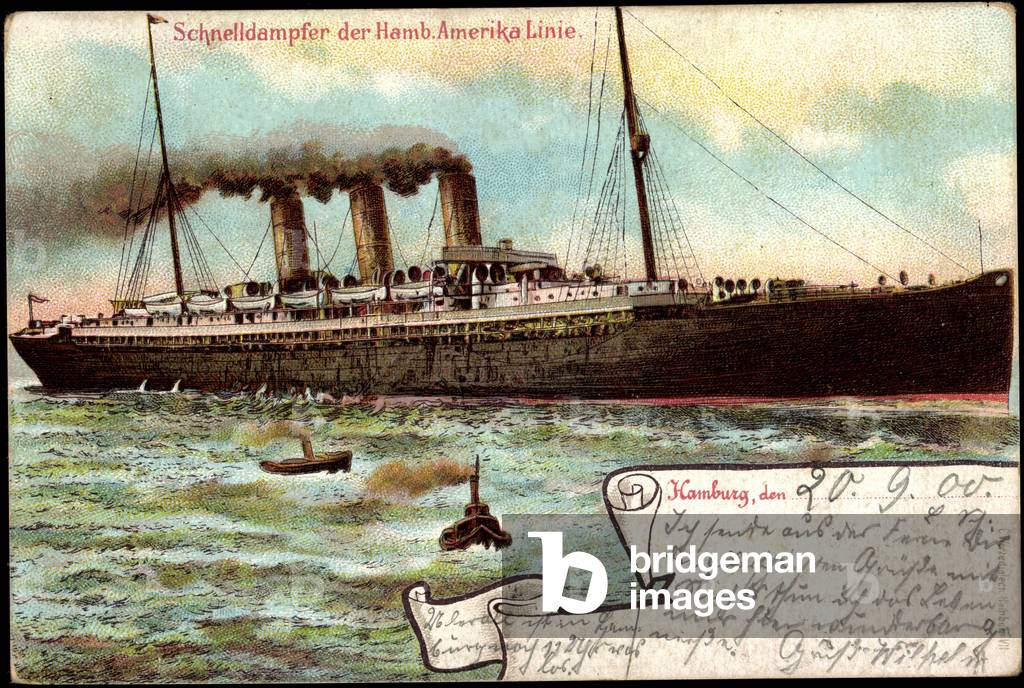 Artist HAPAG, fast steamer in motion, towing boats