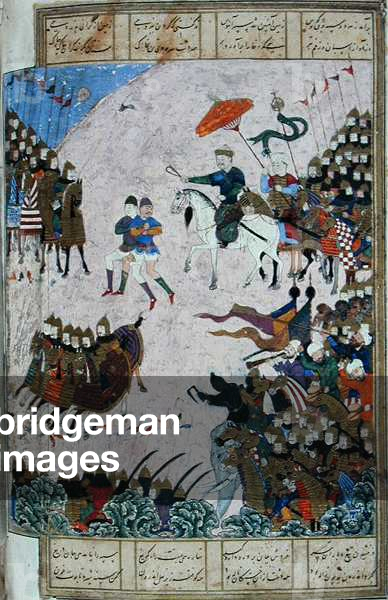 Battle between Isfandiyar and Arjasp, illustration from the 'Shahnama' (Book of Kings), by Abu'l-Qasim Manur Firdawsi (c.934-c.1020) c.1440-45 (pen, ink & w/c on vellum)