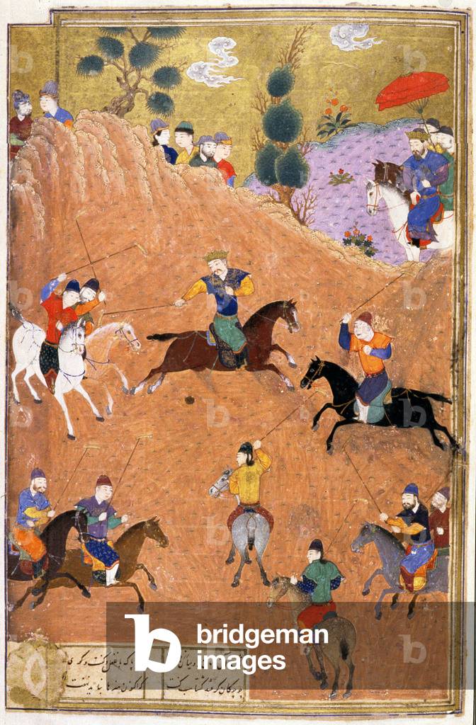 Gushtasp Playing Polo Prima di Cesare, illustrazione dal 'Shahnama' (Libro dei Re), di Abu'l-Qasim Manur Firda