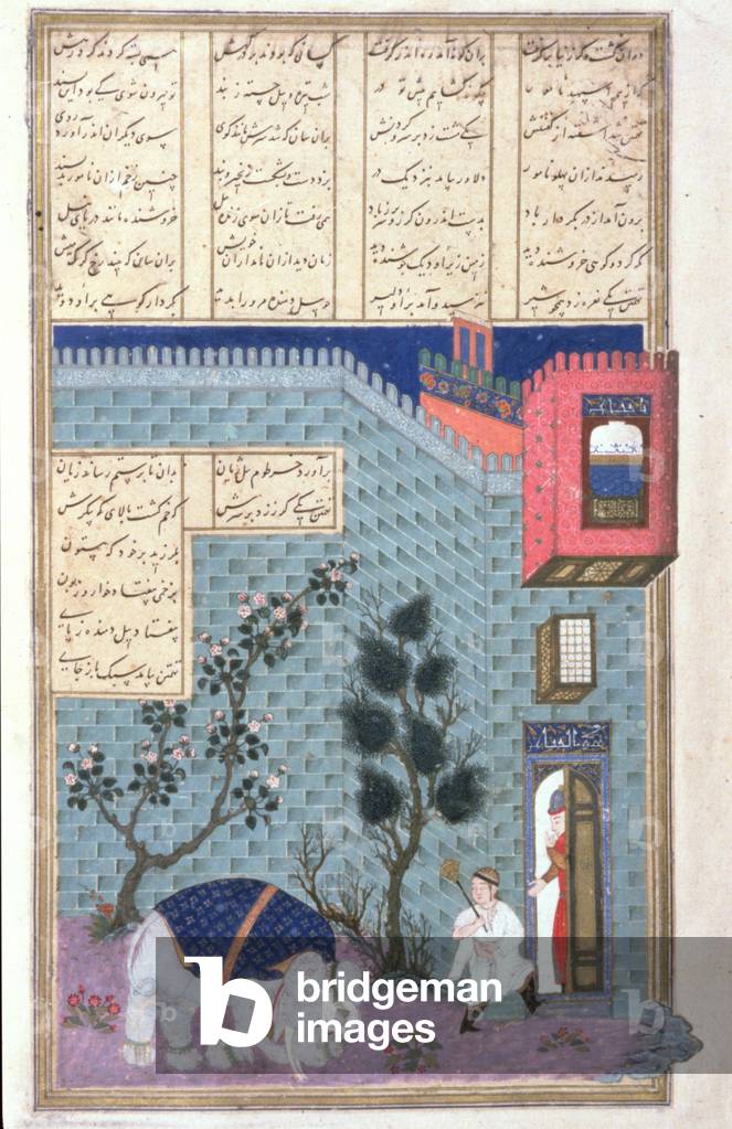 The Child Rustam Kills the Mad Elephant, illustration from the 'Shahnama' (Book of Kings), by Abu'l-Qasim Manur Firdawsi (c.934-c.1020) c.1440-45 (pen, ink & w/c on vellum)