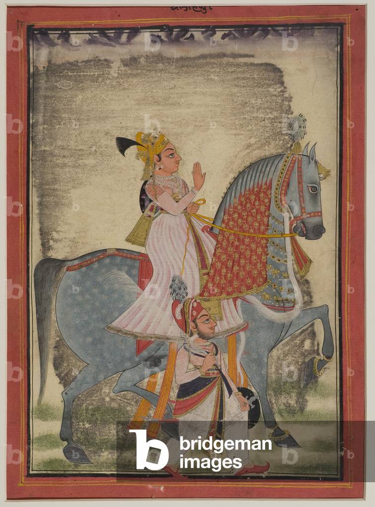 Nobleman of Mewar riding Nur accompanied by a sais on foot, 1820 (gouache on paper)
