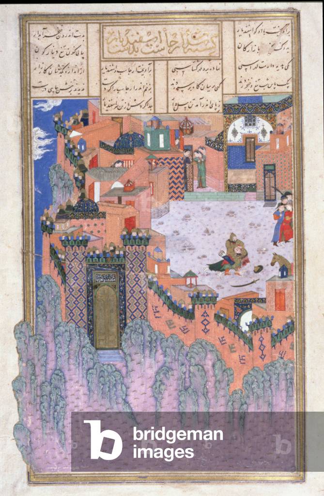 Arjasp Slain by Isfandiyar in the Brazen Hold, illustration from the 'Shahnama' (Book of Kings), by Abu'l-Qasim Manur Firdawsi (c.934-c.1020) c.1440-45 (pen, ink & w/c on vellum)