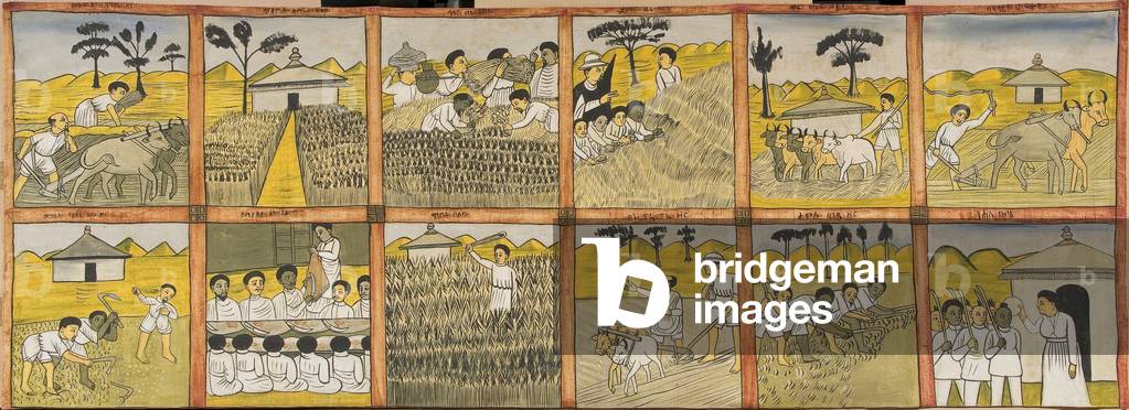 Twelve scenes on cloth representing the months of the Ethiopian year, starting in September, with associated agricultural and other activites, 1960 (gouache on cloth)