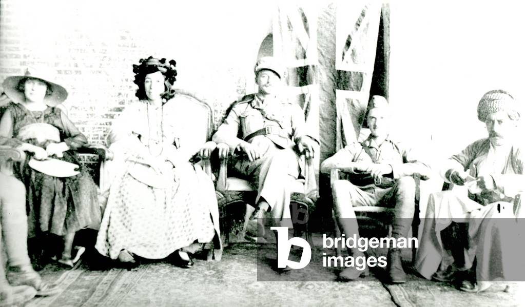 Adela Khanum with Major and Mrs E.B. Soane, Dr G.M. Lees and Ahmed Beg, South Kurdistan, Iraq, 1919 (b/w photo)