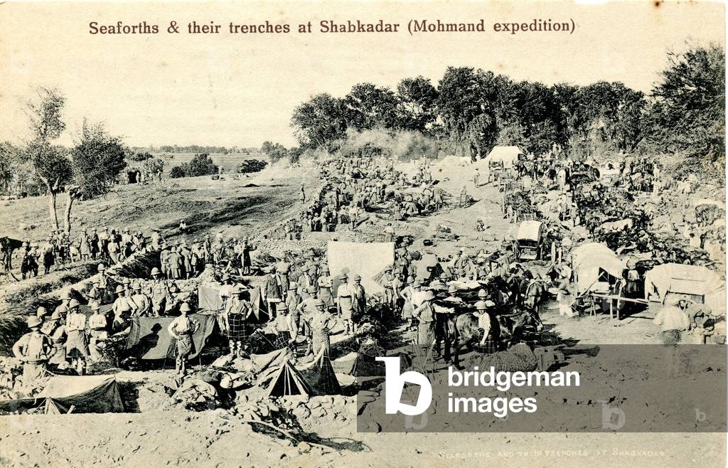 Seaforths and their trenches at Shabkadar (Mohmand expedition) 1908 (b/w photo)