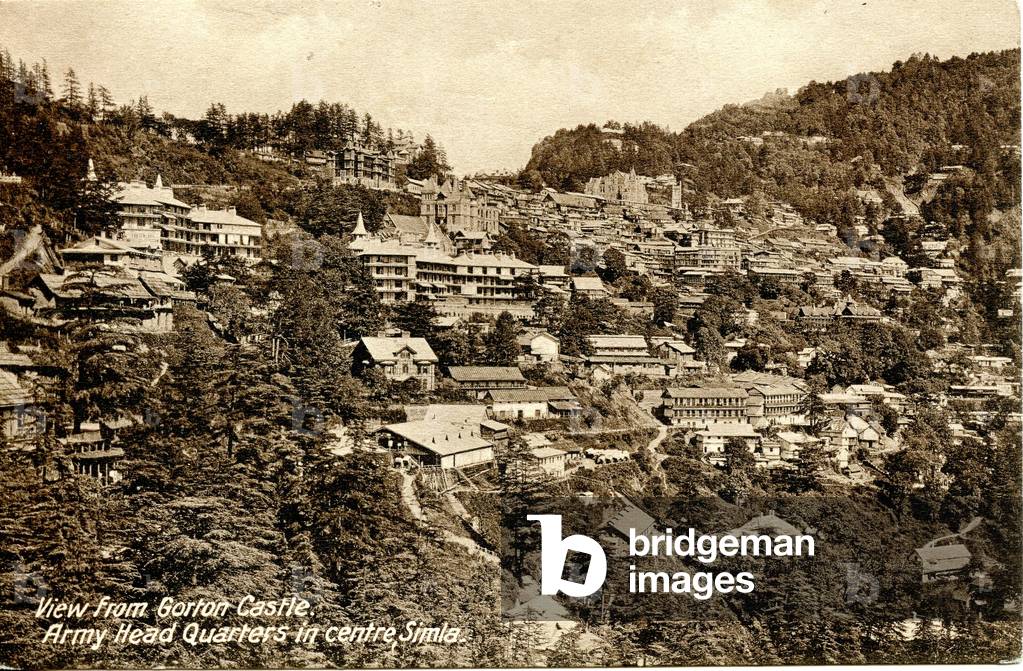 View from Gorton Castle. Army Head Quarters in centre, Simla, c.1900-20 (sepia photo)