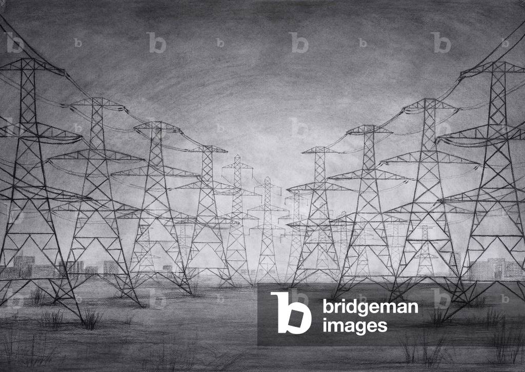Pylons at Thames Estuary, 2015, charcoal on paper, (detail from the hand drawn animation The Masque of Blackness) 